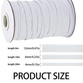 3PCS Elastic for Sewing - White Elastic Band Set (4mm/24m, 6mm/15m, 12mm/8m) - Durable, Stretchy Elastic Cord for DIY Crafts, Sewing Projects, Face Masks