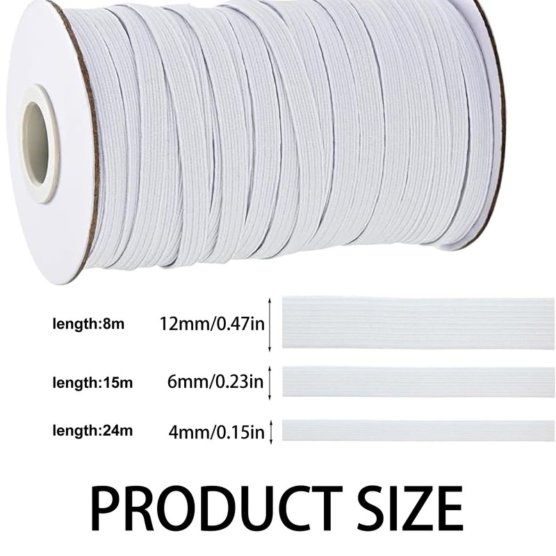 3PCS Elastic for Sewing - White Elastic Band Set (4mm/24m,