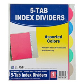 C-Line Polypropylene Binder Index Dividers, One 5-Tab Set, Assorted Colors (05730)