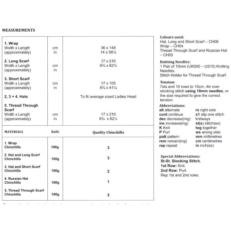 James Brett Chinchilla Knitting Pattern Womens Accessories Wrap Hats &