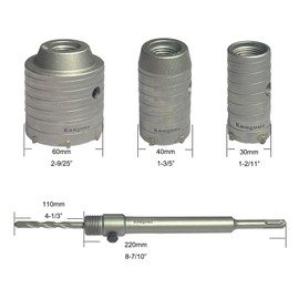 Concrete Hole Saw Kits, Tungsten Steel SDS Plus Shank Wall Hole Cutter Cement Stone Drill Bit Sets 1-2/11, 1-3/5, 2-9/25 Inch(30, 40, 60mm), with 8-7/10 Inch(220mm) Connecting Rod, 3 Center Drill Bits