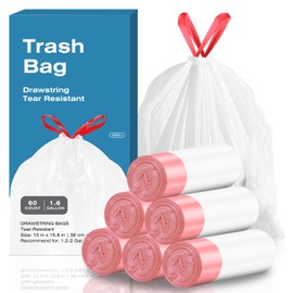 KUK 1.6 Gallon Drawstring Trash Bags - 60 Count White Small Garbage Bags, Unscented Strong Plastic Waste Basket Liners for Home/Office/Car, Fits 4.5-8 Liter Bins, 6 Rolls with Tear-Free Design