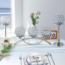 Kehail Set of 3 Gold Crystal Tea Light Candlestick Holders Flower Shape with Crystal Pendant Bowl Votive Metal Candle Holder for Table Centerpieces Wedding Home Decor (Set of 3, Silver)