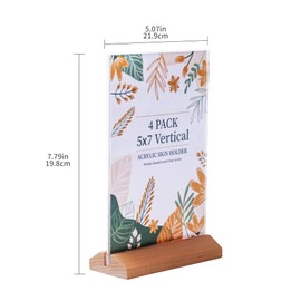 Acrylic Sign Holder 5 * 7 inches Slanted Back,T Shape Clear Acrylic Frame Wood Base,Clear Plastic Sign Holder Paper Display Table Stand for Office, Party,Store, Restaurant,Reception (4Pack)