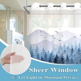 Accnicc No Hook Shower Curtain with Snap in Liner Blue Misty Forest Hookless Shower Curtains for Bathroom Foggy Nature Pine Tree Mountain Woodland Waterproof Fabric Bath Curtain Decor 71×74In