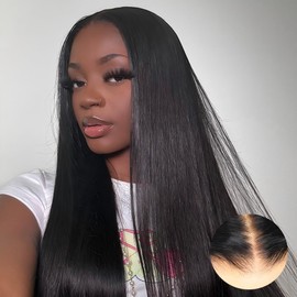 AOFEER 20 Inch Straight Lace Front Wear and Go Glueless Wigs Human Hair Pre Plucked Pre Cut Pre Bleached Knots 7x5 HD Lace Closure Wigs for Women Ready to Wear for Beginner Natural Black Color