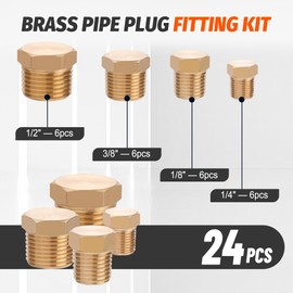 Ailbiuko 24 PCS Brass Hex Pipe Plug Fittings Kits,Brass Plugs Fitting Assortment Kit 1/8" 1/4" 3/8" 1/2" NTP Plugs Male Threaded