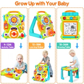 3-in-1 Baby Walker for Boy Girls Sit to Stand Toy Activity Center Drawing Board Infant Toys for 1 Year Old Birthday Gifts 9 12 18 Months 2 3 Year Old Kid Toddler Push Toy Musical Sound Light Effect