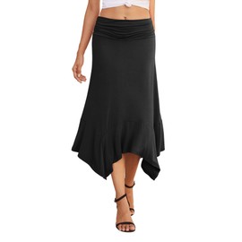 PrinStory Women's Summer Casual Skirts Soft Fit Flowy Handkerchief Hemline Midi Skirt CA Black XL