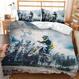 3D Motorcycle Duvet Cover Motocross Bedding Set Motorcycle Racing Duvet Cover with Pillow Case for Teenage Extreme Sports (135×200cm, Blue)