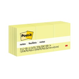 3M Post-it notas amarillo canario de 3.50 cm x 4.76cm, 12 blocs con 100 hojas c/u