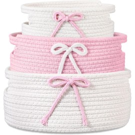 Breling 3-Piece Coquette Bow Laundry Hamper Set – Pink & White Cotton Rope Storage Baskets with Handles | Woven Decorative Bins for Nursery, Baby Essentials, Pet Toys & Home Organisation