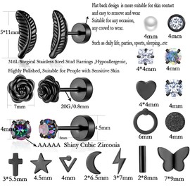 18 Pairs Stud Earrings for Women Men 316L Surgical Stainless Steel Hypoallergenic Flatback Earrings Cubic Zirconia Earring Studs for Gilr, Cubic Zirconia Stainless Steel, Cubic Zirconia