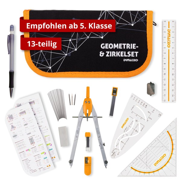 DynaTech DynaTech Zirkel Set Geometrieset 13-Teilig mit Schnellverstellzirkel, Geodreieck, Parabel,