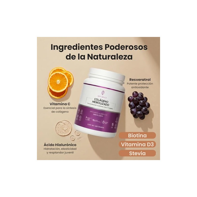Vitasei Colágeno Hidrolizado Polvo Péptidos Resveratrol Vitamina Apoyo Cabello Piel