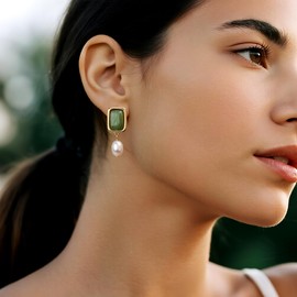 Sonateomber Gold Chunky Pearl Green Dangle Drop Earrings for Women, Vintage Statement Square Aventurine Natural Gemstone Healing Dangling Earings Prom Wedding Accessories Fashion Jewelry Gift