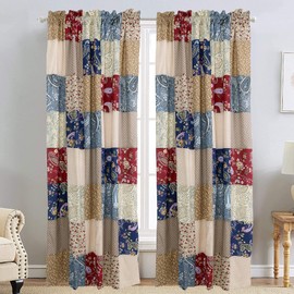 Cozy Line Home Fashions Red Navy Patchwork Window Curtains with Tie Backs Set, 84" x 53", 2 Panels