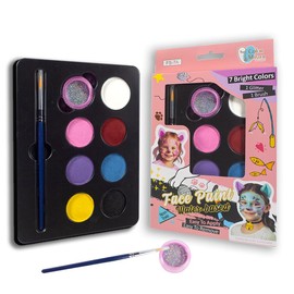 ColorMaster Face Painting kit for kids, Non-Toxic Water-Based Paints, 7 Bright Color, 1 Glitters, 1 Bush - Professional Face and Body paint Makeup Kit for Sensitive Skin
