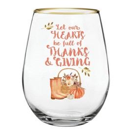 Heartfelt Collection Stemless Wine Glasses Fall and Thanksgiving Stemless Red/White Wine Glass, 20-Ounce, Give Thanks