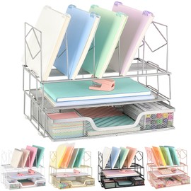 Youbetia Desk Organizers and Storage - Double Tray and 5 Upright Sections, Desk Accessories Office Supplies File Organizer, Book Display & Storage for School or Office, Silver