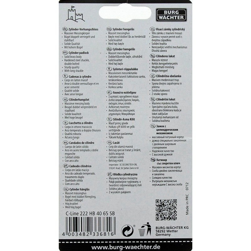 Burg-Wächter C-Line 222 HB 40/65 SB Padlock [Pack of 1