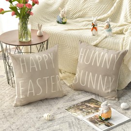 AVOIN colorlife Happy Easter Hunny Bunny Grey Throw Pillow Covers, 18 x 18 Inch Easter Eggs Bunny Spring Cushion Case for Sofa Couch Set of 4