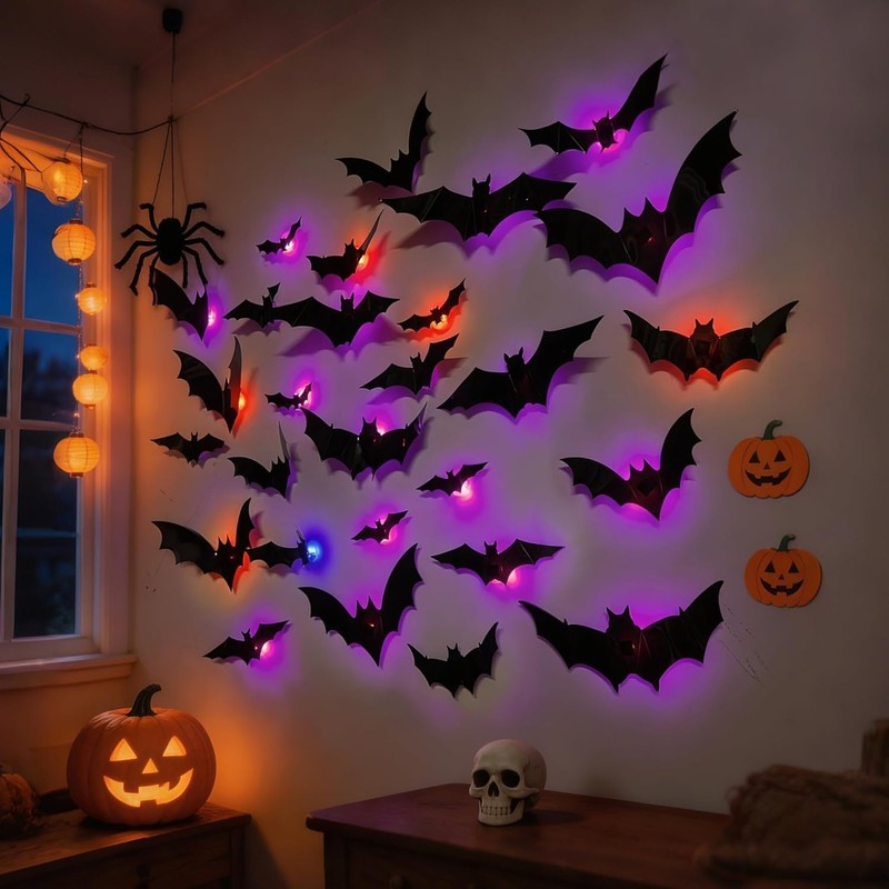 Halloween Decorations 3D Murciélagos Iluminados, Pegatinas Varios Tamaños, Decoraciones Para