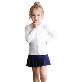 SMILING PINKER Little Girls Crewneck Cardigan Button Solid Uniform Sweaters(White,12-13 Years)
