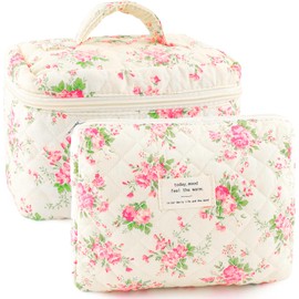 URSKYTOUS Quilted Makeup Bag for Women Floral Extra Large Small Travel Cosmetic Bag Big Cute Makeup Pouch Portable Toiletry Bag Organizer Coquette Vintage Puffy, CI 2Pcs Pink
