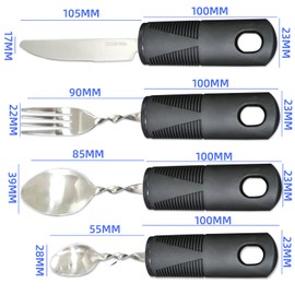 Disabled Aids Extra Wide Handles Easy Grip Cutlery Set - Cutlery for Disabled Hands with Bendable Design Ideal for Parkinson Elderly Disabled Arthritis Tremors Sufferers (Set of 4, Black)(Curved)