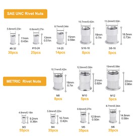 VIGRUE 230PCS SAE & Metric Rivet Nuts UNC Nutserts Rivnut Assortment Kit, Flat Head Insert Nut Assort #8-32#10-24 1/4"-20 3/8"-16 5/16"-18 and M3 M4 M5 M6 M8 M10 M12 (304 Stainless Steel)