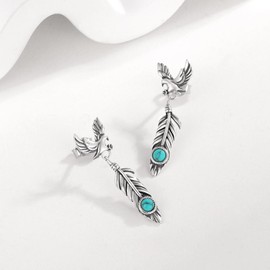 925 Sterling Silver Turquoise Feather Earrings Dangling America Western Eagle Feather Earrings Men Feather Jewelry Turquoise Western Style Gifts Hypoallergenic