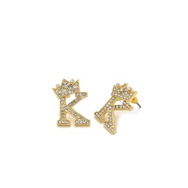 Fashion 21 Unisex Crown Tilted Initial Alphabet Letter Pierced Post Stud Earring Gold, Silver Tone (K - Gold)