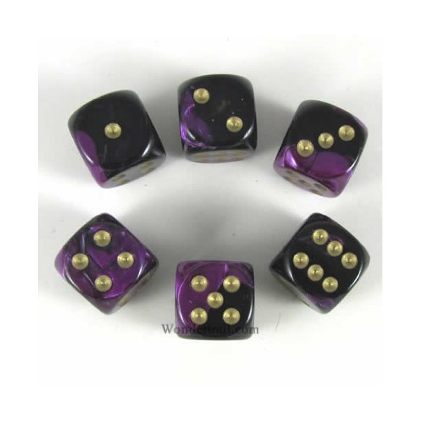 Black Purple Gemini with Gold Pips 16mm D6 Dice Set of 6 Wondertrail WCX26640E6
