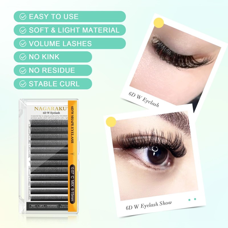 NAGARAKU 6D Lashes, W Shape Eyelash Extensions 0.07mm D Curl