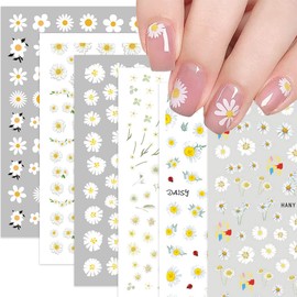 Flower Nail Stickers for Nail Art 3D Daisy Nail Decals Self-Adhesive Summer Daisy Nail Supplies for Women Nail Design White Floral Petals Pattern Nail Accessories for French Nail Decoration 6 Sheets