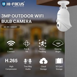 HIFOCUS 3MP Outdoor PT WiFi Bulb Camera|Easy instalaltion in Holder|Smart Dual Light|Two Way Audio|Wireless Connection| Pan & Tilt Security Camera|IP65