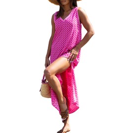 miduo Womens Casual Spring V Neck Sleeveless Floral Printed Beach Bohemian Split Maxi Dress Sundress Long Dress Hot Pink M