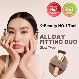 THE TOOL LAB All Day Fitting Duo (Glow type) - Premium Base Makeup Set for Liquid Cream Powder Foundation, Buffing Blending Face Brush, Sponge, Portable Case - 1.1" Flat Top Brush
