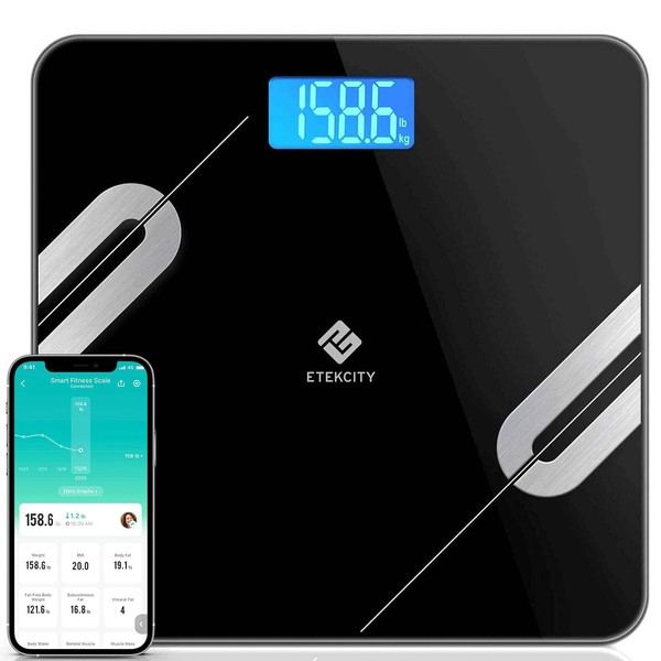 Etekcity Smart Digital Bathroom Scale, Scales for Body Weight and Fat, Wellness Bluetooth Health Monitor with SmartApps, Large LED Display, 12 Data, 11.8 x 11.8 Inches, Black