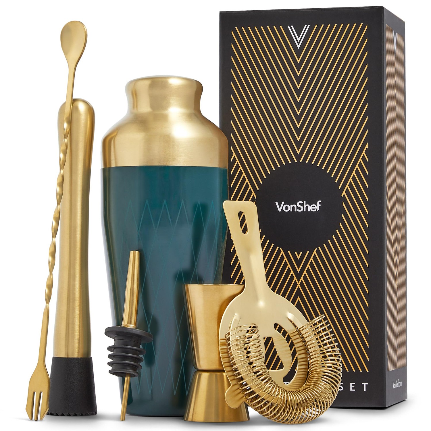 VonShef Cocktail Shaker Set, Gold & Green 6pc Set with Parisian Cocktail  Shaker, Bartender Kit w/ Strainer, Muddler, Jigger & More, Gift Box  Included - ibspot.com