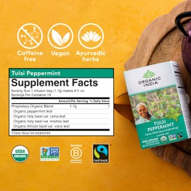 Organic India Tulsi Peppermint Herbal Tea - Stress Relieving & Refreshing, Immune Support, Aids Digestion, Vegan, USDA Certified Organic, Fairtrade, Caffeine-Free - 18 Infusion Bags, 1 Pack