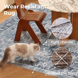 Kokia Washable Area Rugs 8x10 Living Room Boho Non Slip Thin Carpet Stain Resistant Vintage Blue Floral Printed Oriental Foldable Distressed Rug for Bedroom Kitchen Indoor House