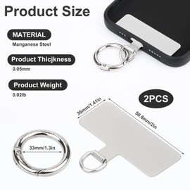 2pcs Phone Tether Patch, Metal Phone Tether Tabs with 2pcs Spring Rings Cell Phone Lanyard Patch Replacement without Adhesive for Most Cell Phones (Silver)