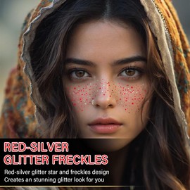 WEEMAY10 Pcs Dual-tone Glitter Freckles, Double Colors Glitter Freckles Face Tattoo, Waterproof Face Sparkle Freckles, Long-lasting 48h Freckles for Women (Red-Silver)