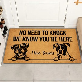 LHMUYUCQ Funny Welcome No Need to Knock We Know You are Here Doormat Indoor Entrance Way Low Profile Non-Slip Rubber Backing Mat for Front Door Decorative Rug for Patio and Porch 18" x 30" (Boxer)