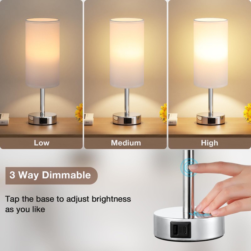 Aooshine Touch Lamps, Table Lamps with White Shade, Silver Base(Bulb