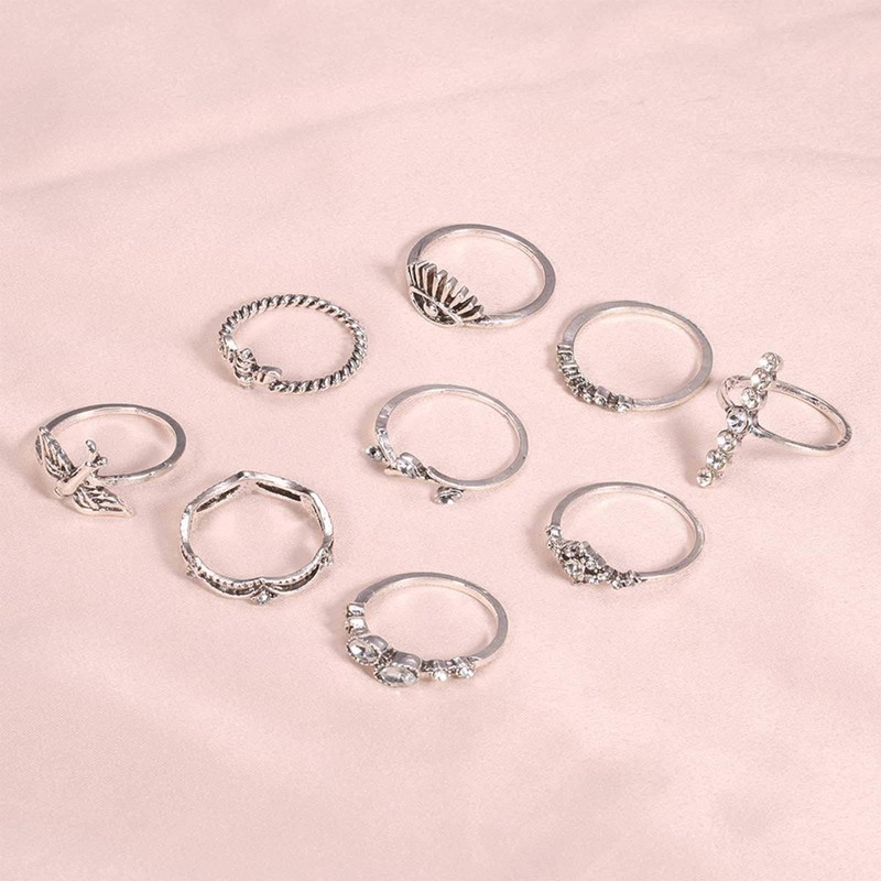 TseenYi Boho Vintage Rings Set Silver Leaf Evil Eye Knuckle