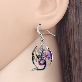 Enamel Alloy Fantasy Dinosaur Dragon Earrings Drop Dangle Fashion Jewelry For Women Girls Charm Gift (Purple)