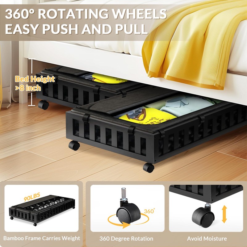 Gashell 2 Pack Bamboo Under Bed Storage with Wheels, 39”x20”x7.8”